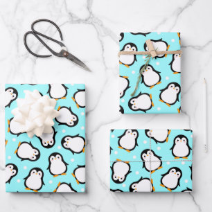 Cute penguin pattern turquoise pattern wrapping paper sheet