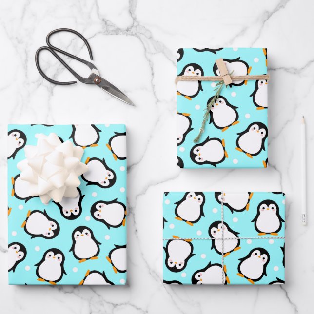 Cute penguin pattern turquoise pattern wrapping paper sheet (Front)