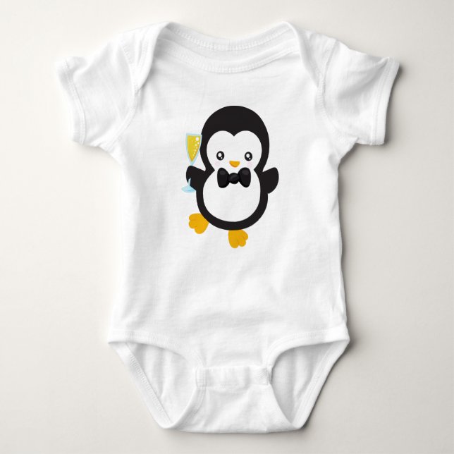 Cute Penguin, Penguin With Champagne, Party Baby Bodysuit (Front)