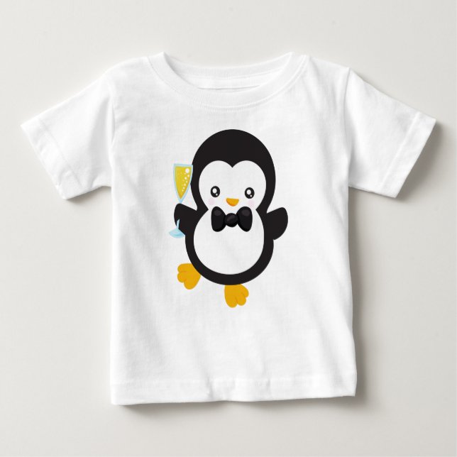Cute Penguin, Penguin With Champagne, Party Baby T-Shirt (Front)