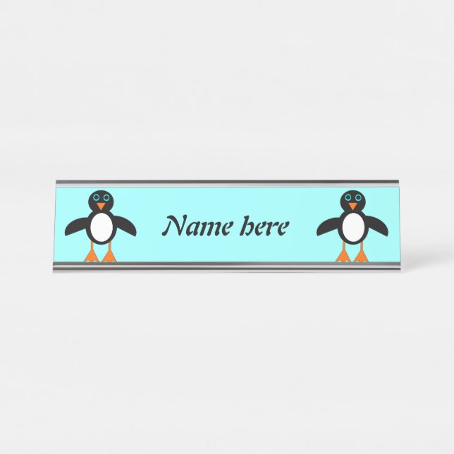 Cute Penguin Personalised Desk Name Plate (Front)