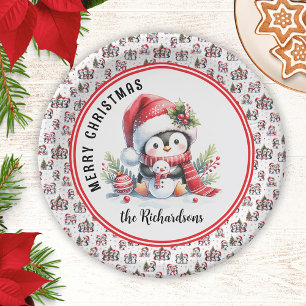 Cute Penguin Personalised Merry Christmas Paper Plate