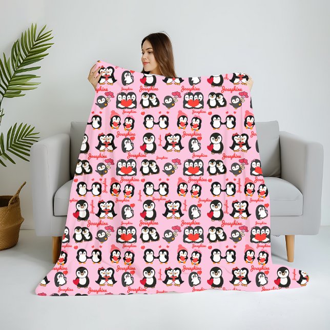 Cute Penguin Personalised Name Love Fleece Blanket (Creator Uploaded)