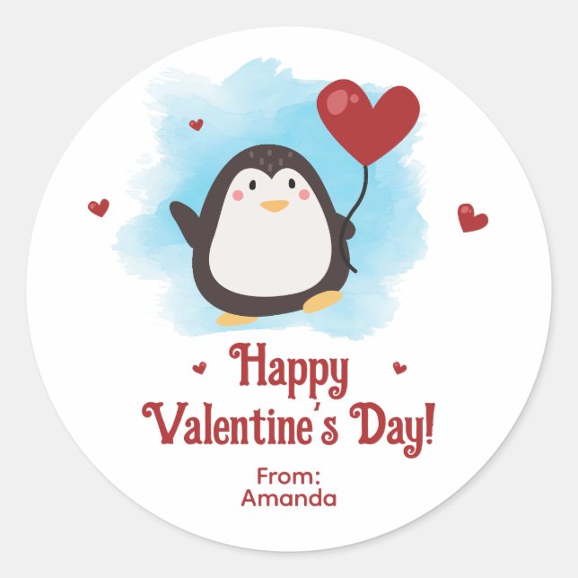 Cute Penguin Personalised Valentine's Day Classic Round Sticker (Front)