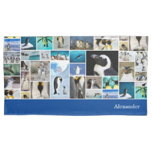 Cute Penguin Photo Collage Pattern with First Name Pillowcase