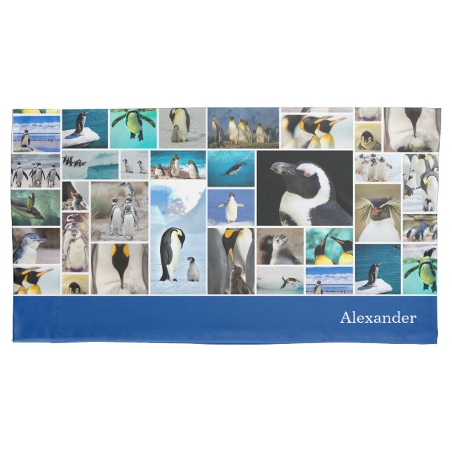 Cute Penguin Photo Collage Pattern with First Name Pillowcase (Front)