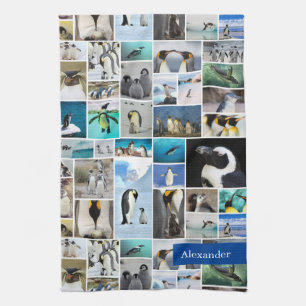 Cute Penguin Photo Collage Pattern with First Name Tea Towel