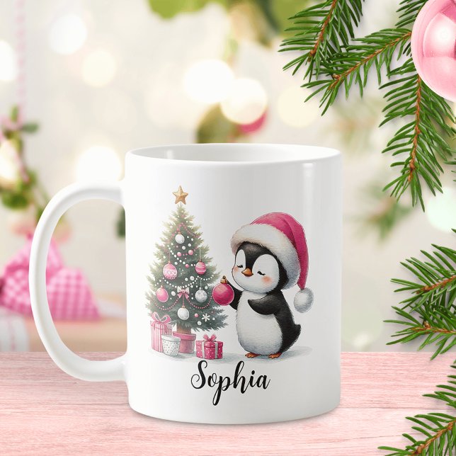 Cute Penguin Pine Tree Custom Pink Christmas Coffee Mug (Creator Uploaded)