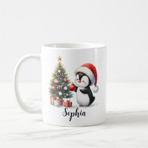 Cute Penguin Pine Tree Red White Custom Christmas Coffee Mug