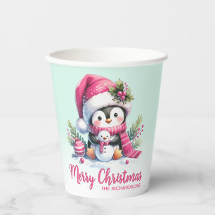Cute Penguin Pink and Mint Green Merry Christmas Paper Cups