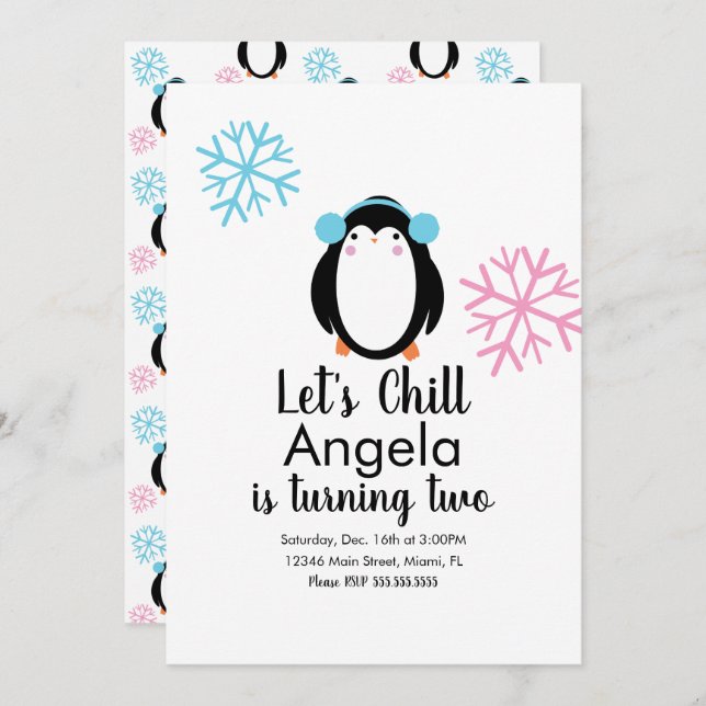 Cute Penguin Pink Blue Snowflakes Winter Invitatio Invitation (Front/Back)