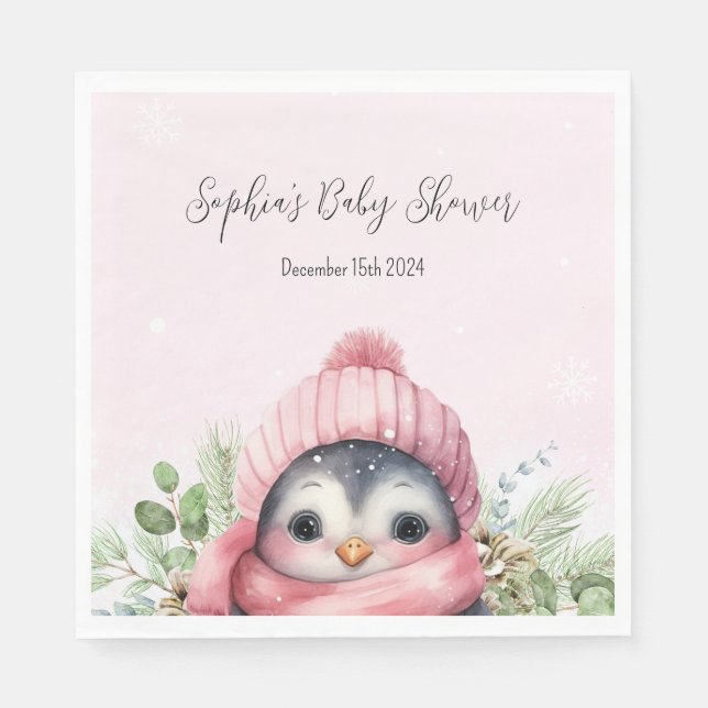 Cute Penguin Pink Girl Winter Baby Shower Napkins (Front)