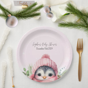 Cute Penguin Pink Girl Winter Baby Shower Paper Plate
