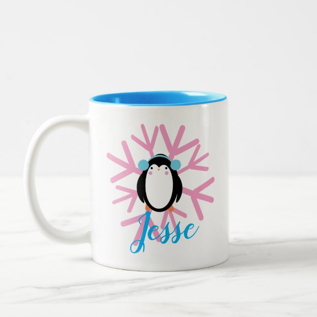 Cute Penguin Pink Snowflake Custom Name Christmas Two-Tone Coffee Mug (Left)