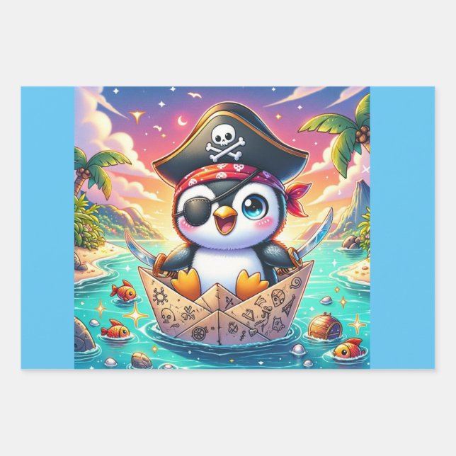 Cute Penguin Pirate Adventure Wrapping Paper Sheet (Front)