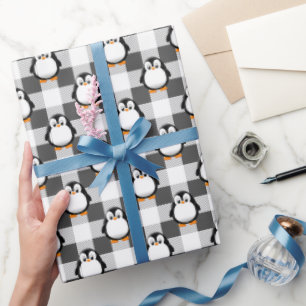 Cute Penguin Plaid Pattern In Black White and Grey Wrapping Paper