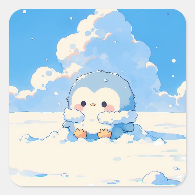 Cute Penguin Playing in Winter Snow Square Sticker (Front)