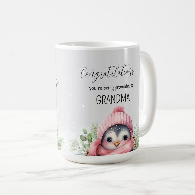 Cute Penguin Pregnancy Reveal Promoted to Grandma Coffee Mug (Front Right)