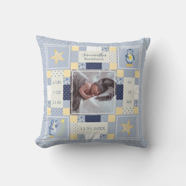 Cute Penguin Quilt Baby Birth Stats Personalised Cushion (Front)