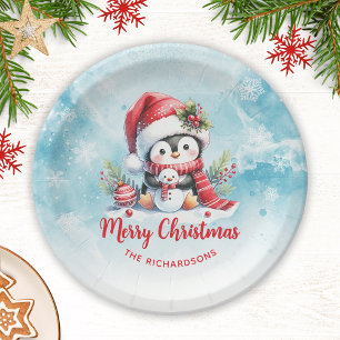 Cute Penguin Red and Blue Custom Merry Christmas Paper Plate
