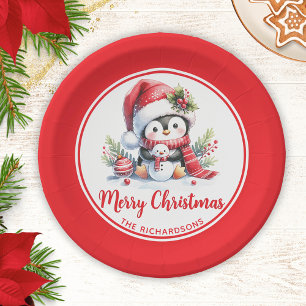 Cute Penguin Red White Custom Merry Christmas Paper Plate