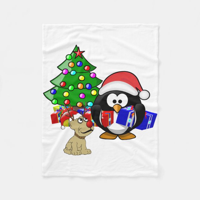 Cute Penguin Santa and Reindeer Dog Fleece Blanket (Front)