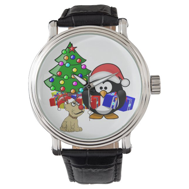 Cute Penguin Santa and Reindeer Dog Watch (Front)