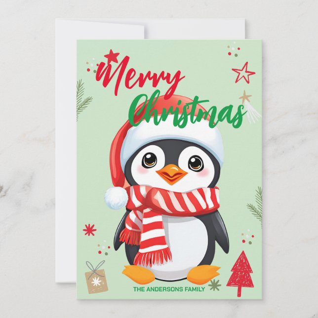 Cute Penguin santa Christmas Holiday Family name Card (Front)