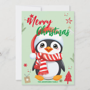 Cute Penguin santa Christmas Holiday Family name Card