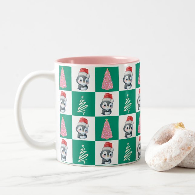 Cute Penguin Santa Merry Christmas tree party Two-Tone Coffee Mug (With Donut)