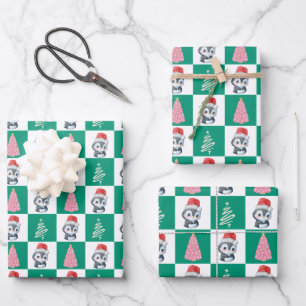 Cute Penguin Santa Merry Christmas tree party Wrapping Paper Sheet