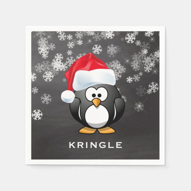 Cute Penguin Santa Snowflakes Chalkboard Christmas Napkin (Front)