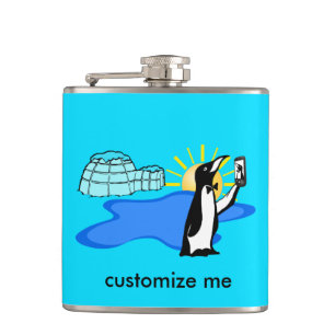 Cute Penguin Selfie Humour Cool Blue Custom Hip Flask