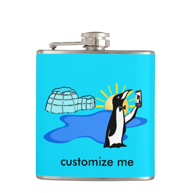 Cute Penguin Selfie Humour Cool Blue Custom Hip Flask (Front)