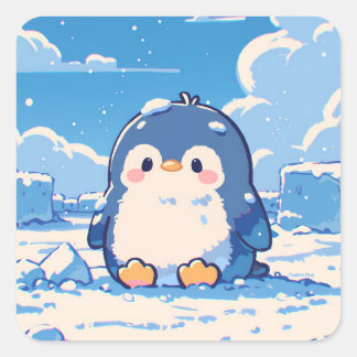 Cute Penguin Sitting in Winter Snow Square Sticker