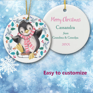 Cute Penguin Sled Wreath Kids Christmas Ceramic Ornament