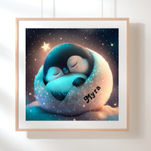 Cute Penguin sleeping Stars Moon Art Nursery Poster