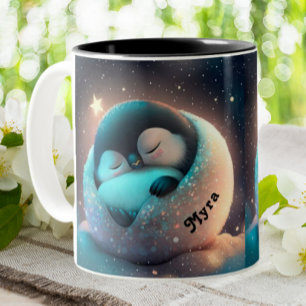 Cute Penguin sleeping Stars Moon Personalised  Two-Tone Coffee Mug