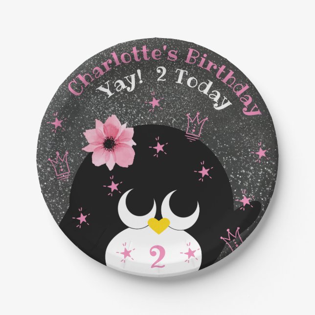 Cute Penguin Snow Dust and Sparkles Kids Birthday Paper Plate (Front)