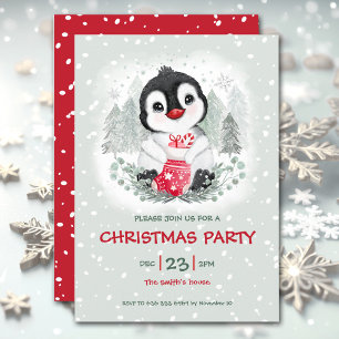 Cute Penguin Snow Ice Red Christmas Invitation