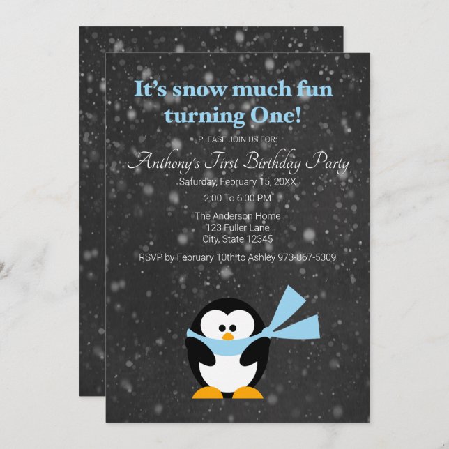 Cute Penguin Snow Much Fun Turning One Birthday Invitation (Front/Back)