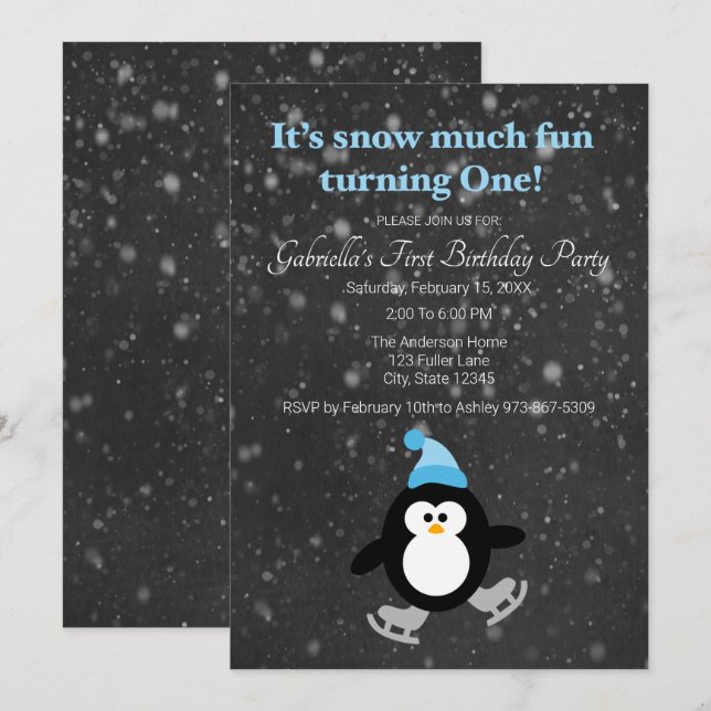 Cute Penguin Snow Much Fun Turning One Birthday Invitation (Front/Back)
