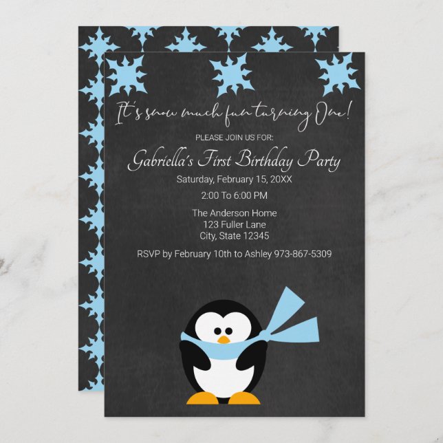 Cute Penguin Snow Much Fun Turning One Birthday Invitation (Front/Back)