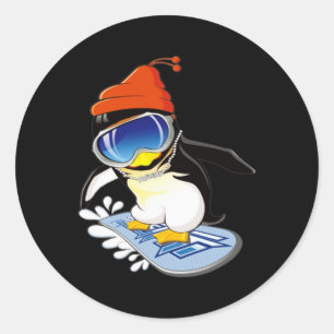 Cute Penguin Snowboarding Surfer Winter Hat Classic Round Sticker