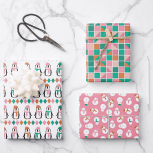 Cute Penguin & Snowman Pink & Teal Wrapping Paper Sheet