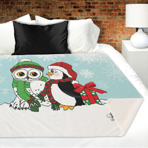 Cute Penguin Snowy Owl Friendship Sherpa Blanket