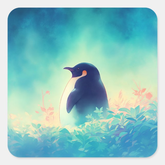 Cute Penguin Standing in Teal Grass Square Sticker (Front)