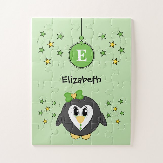 Cute penguin stars and name green kids jigsaw puzzle (Vertical)