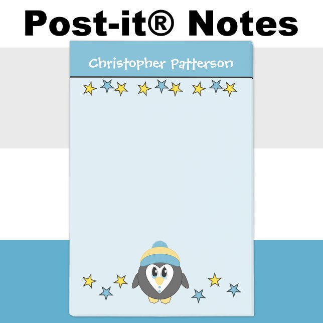 Cute penguin stars name kids blue yellow post-it notes (Creator Uploaded)