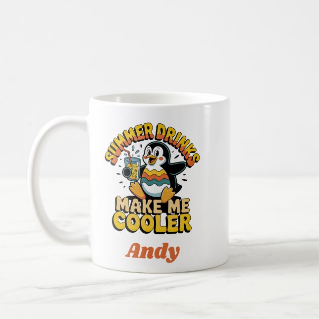 Cute Penguin Summer Drinks Make Me Cooler Retro Coffee Mug (Left)